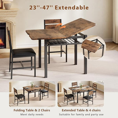 MapleGrace Dining Table Set for 4, Extendable Kitchen Table with 4 PU Leather Upholstered Dining Room Chairs, Wood Kitchen Table Set with Built-in Storage Rack for Dining & Small Spaces, Rustic Brown