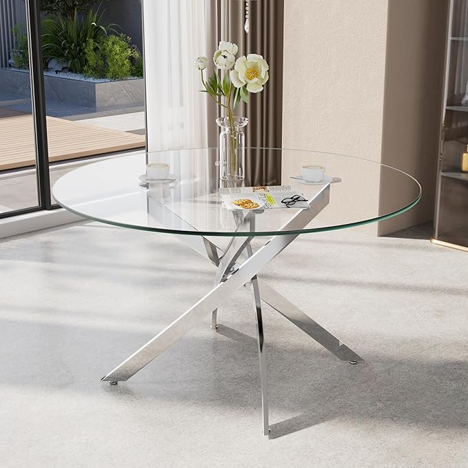 47-Inch Round Tempered Glass Dining Table for 4-6 Person Space-Saving Small Kitchen Table with Heavy-Duty Metal Legs Perfect for Dining Room, Apartment, Condo(Silver)