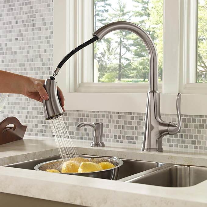 Pfister Pasadena Kitchen Faucet with Pull Down Sprayer and Soap Dispenser, Single Handle, High Arc, NSF Certified, Stainless Steel Finish, F5297PDS