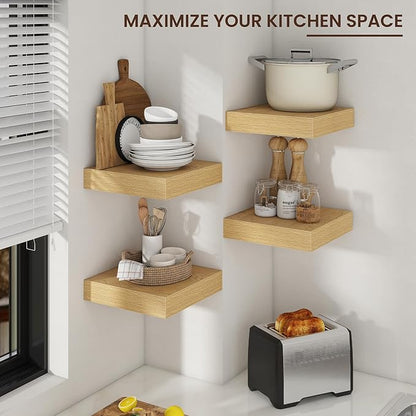 Venusmiles Square Floating Shelves for Wall, 12" W x 12" D x 2" H, 2 Pack of Small Wall Mounted Engineered Wood Shelves with Invisible Brackets for Living Room, Bedroom, Bathroom, Kitchen Decor, Oak