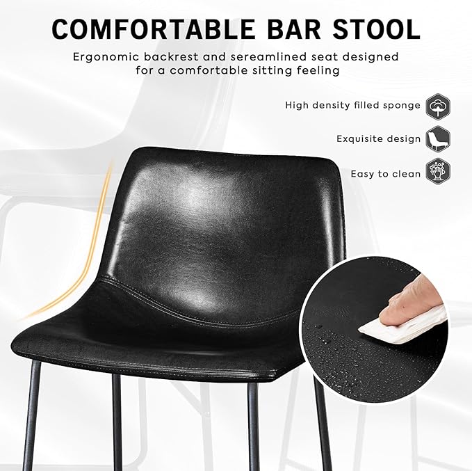 LEMBERI 30 inch Bar Stools Set of 2, Modern Counter Height Bar Stools, Faux Leather Barstool with Back and Metal Leg, Armless Bar Chairs for Kitchen Island (Black, 2pcs 30")