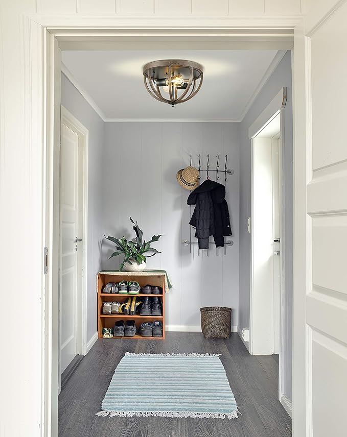 JONATHAN Y 13" Brown Oil Rubbed Bronze 2-Light Iron Flush Mount, Rustic Farmhouse Ceiling Light, Barnwood Metal Fixture for Kitchen Hallway, UL Listed, LED Bulbs Included JYL7479A