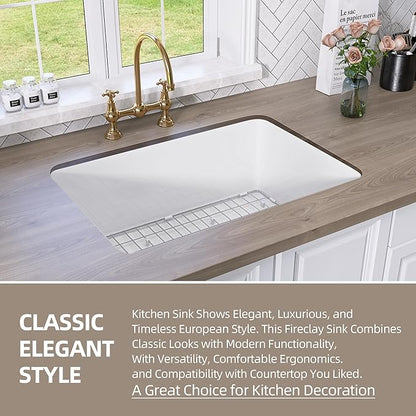 TUKTUK White Undermount Kitchen Sink 27 Inch Fireclay Drop-in Deep & Modern Farm Sink Large Single Bowl Topmount Accessory Kit Included