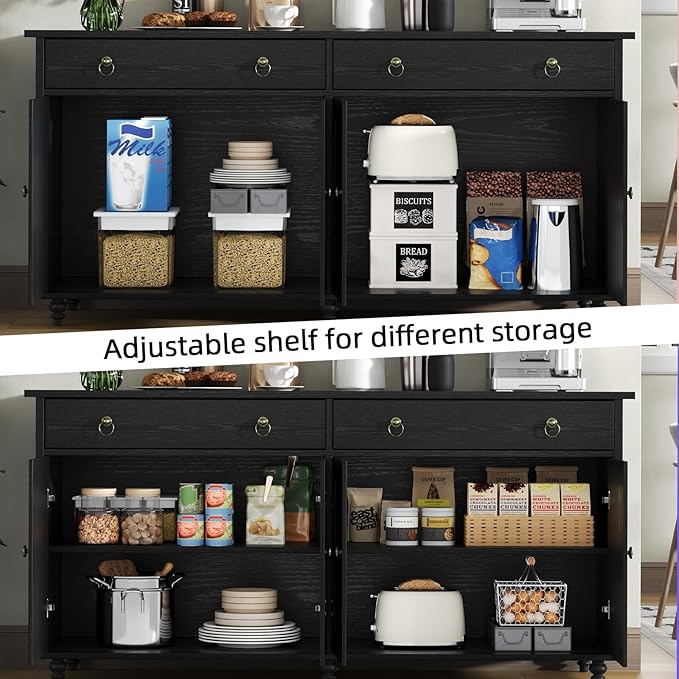 4 EVER WINNER Black Coffee Bar Cabinet, 55" Large Buffet Cabinet with Storage & Adjustable Shelves, Farmhouse Sideboard Buffet Cabinet with 2 Drawers and 4 Doors for Kitchen, Dining Room, Living Room