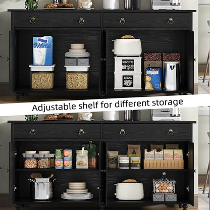 4 EVER WINNER Black Coffee Bar Cabinet, 55" Large Buffet Cabinet with Storage & Adjustable Shelves, Farmhouse Sideboard Buffet Cabinet with 2 Drawers and 4 Doors for Kitchen, Dining Room, Living Room