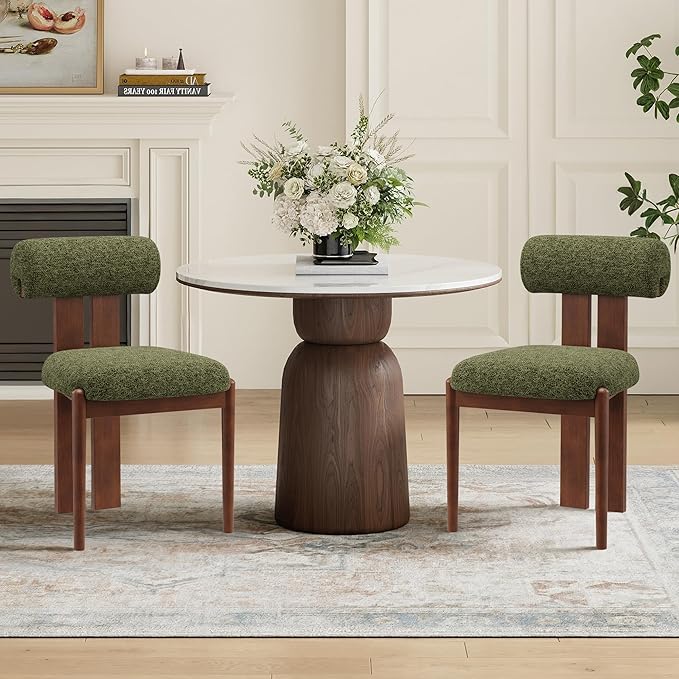 MALOL Modern Wooden Dining Chairs Set of 2, Upholstered Fabric Kitchen Chairs with Sculptural Backrest, Mid-Century Farmhouse Dining Room Chairs with Solid Wood Legs, Green