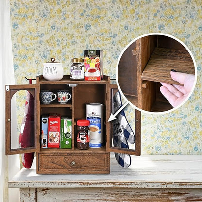 Ikee Design Wooden Countertop Storage Cabinet with Magnetic Door, Adjustable Shelves, Removable Hooks and Drawer for Perfume, Makeup, Pantry, Brown Color, 12.2 W x 6 D x 15.7 H in