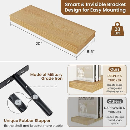 fuqing Floating Shelves for Wall, Wall Mounted Wood Floating Shelf with Invisible Brackets for Living Room, Bathroom, Bedroom, Kitchen Storage and Decor, 20 Inch Set of 2, Oak