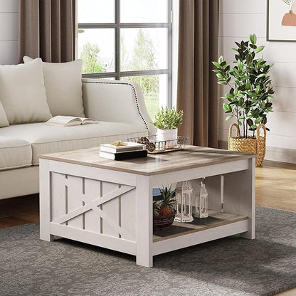 YITAHOME Coffee Table Farmhouse Coffee Table with Storage Rustic Wood Cocktail Table, Square Coffee Tables for Living Meeting Room with Half Open Storage Compartment, Grey Wash