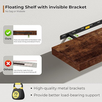 Fun Memories 66 Inch Fireplace Mantel Shelf with Invisible Bracket, 8 Inch Deep Floating Shelf for Living Room, Kitchen, Farmhouse, Brown (2-Pack)