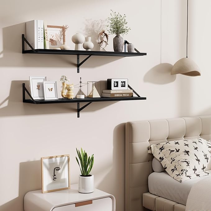 Acovy Floating Shelves for Wall,40" Wall Mounted Shelves Set of 2,Long Wood Floating Shelves,Hanging Wide Display & Storage Shelf with Metal Brackets for Bathroom,Bedroom,Kitchen,Living Room,Black