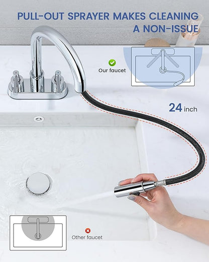 Bathroom Faucet with Pull Out Sprayer, Chrome Bathroom Faucet 3 Holes, 2 Handle Bathroom Sink Faucet with 360 Degree Swivel Spout, Pop Up Drain Assembly Included