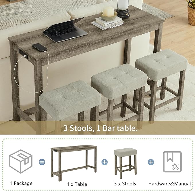 HMFULE 59'' Bar Table and Chairs Set with Power Outlet, Industrial Breakfast Table Set with 3 Padded Stools, Solid Wood Console Table Set for Living Dining Room, Brown