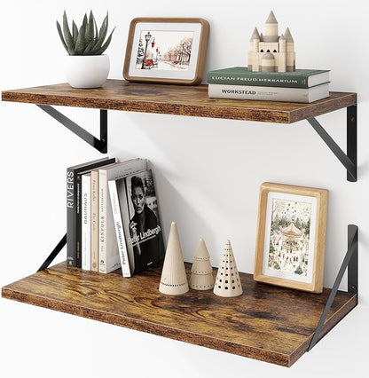 Acovy Deep Floating Shelves Wall Mounted, 24"x12" Brown Wood Shelves with Brackets Set of 2 for Bedroom, Living Room, Bathroom, Kitchen, Office - Storage & Display Shelf for Decor, Books, Plants