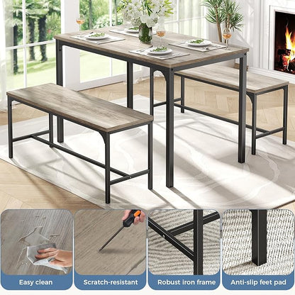 DUMOS Dining Table, Dining Table Set for 4 with Bench, Easy to Assemble Kitchen Table, Space-Saving Ideal 4-Person Set for Dining Room Kitchen Apartment Corner Gray 3 Pack