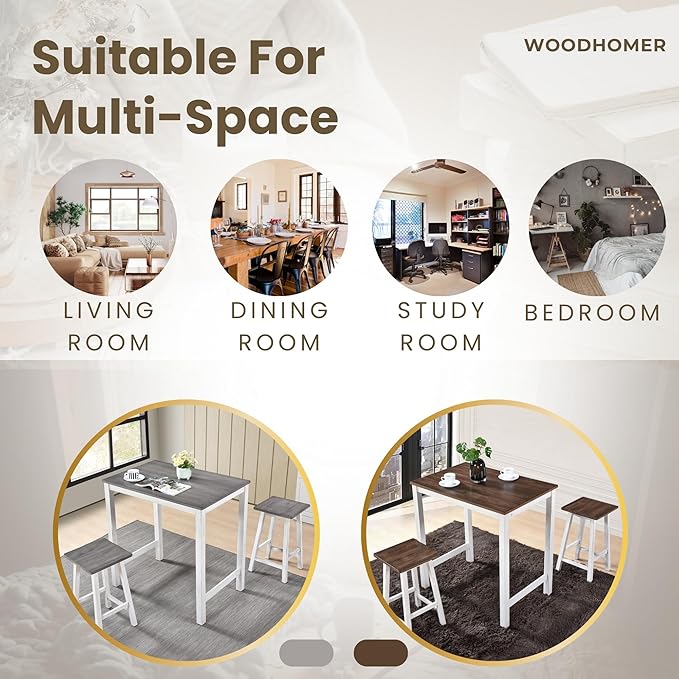 Small Kitchen Island with Seating, Modern Farmhouse 3 Piece Counter Height Dining Set, Solid Wood Counter Bar, Space Saving Breakfast Pub Set for 2, Ideal for Small Home