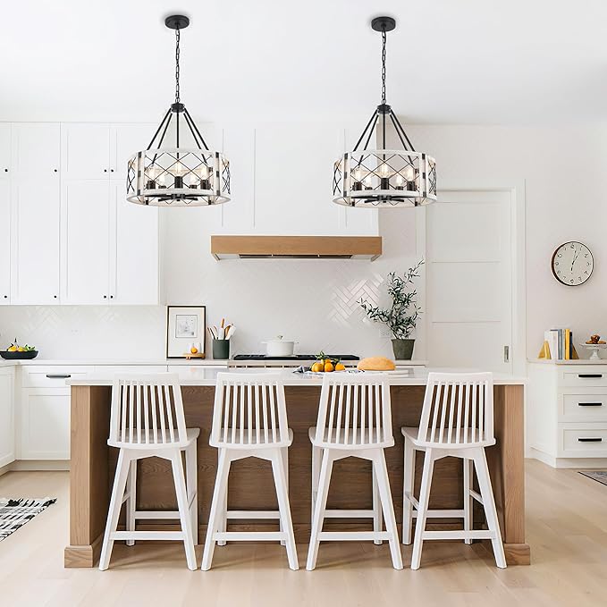 Rustic Farmhouse Chandelier, 19.8 inch 5-Light White Round Dining Room Lighting Fixtures Hanging Pendant Lighting for Kitchen Island Entryway Foyer Bedroom Hallway