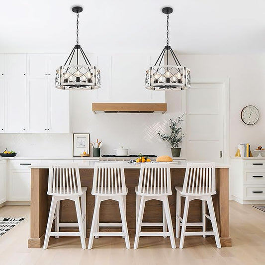 Rustic Farmhouse Chandelier, 19.8 inch 5-Light White Round Dining Room Lighting Fixtures Hanging Pendant Lighting for Kitchen Island Entryway Foyer Bedroom Hallway