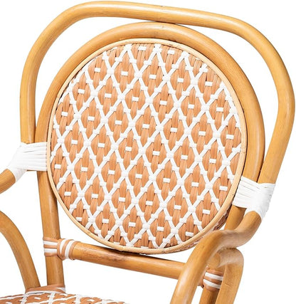 Bali & pari Mattie Rattan Bistro Chair - Handwoven Cafe-Style Dining Chair with Curved Arms for Kitchen Island or Indoor/Outdoor Lounge, Honey Natural & White