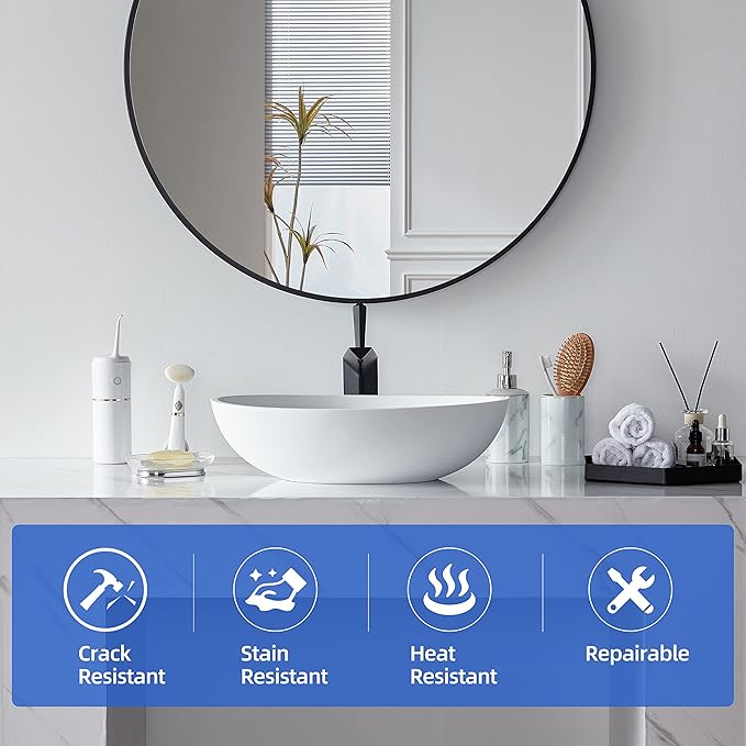 Cpingao 20" X 14" Oval Solid Surface Matte White Vessel Sink and Pop Up Drain Combo Egg Shape Above Counter Bathroom Vanity Bowl Sink, 2223