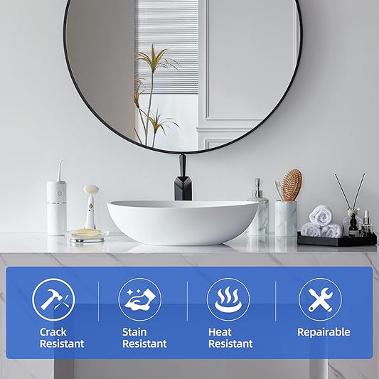 Cpingao 20" X 14" Oval Solid Surface Matte White Vessel Sink and Pop Up Drain Combo Egg Shape Above Counter Bathroom Vanity Bowl Sink, 2223
