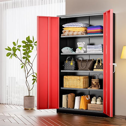 INTERGREAT Metal Storage Cabinet with Doors, 72" Locking Steel Storage Cabinet with Shelves, Tall Metal Cabinet Lockable Steel Cabinets for Home Office, Garage,(Black+Red)