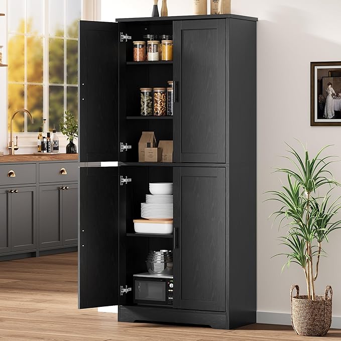 GarveeHome 70 in Tall Kitchen Pantry Cabinet, Freestanding Storage Cabinet with 4 Doors and Adjustable Shelves, Utility Cupboard for Dining Room, Living Room, Bathroom, Black