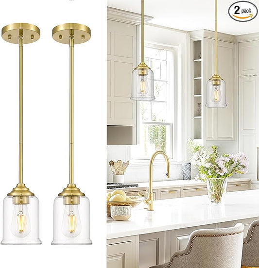 zeyu Gold Pendant Light Fixtures 2 Pack, Vintage 1-Light Hanging Lamp, Kitchen Pendant Lighting Over Island with Clear Glass Shade, Brushed Gold Finish, ZSL104MIL-2 BG
