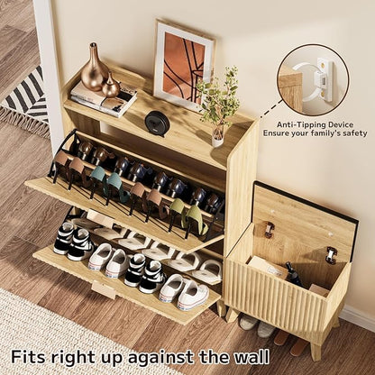 Fluted Shoe Cabinet Storage with Bench, Wood Narrow Hidden Shoe Cabinet with 2 Flip Drawers Wood Legs Adjustable Shelf for Entryway, L-Shaped Shoe Rack Organizer for Foyer Hallway Living Room