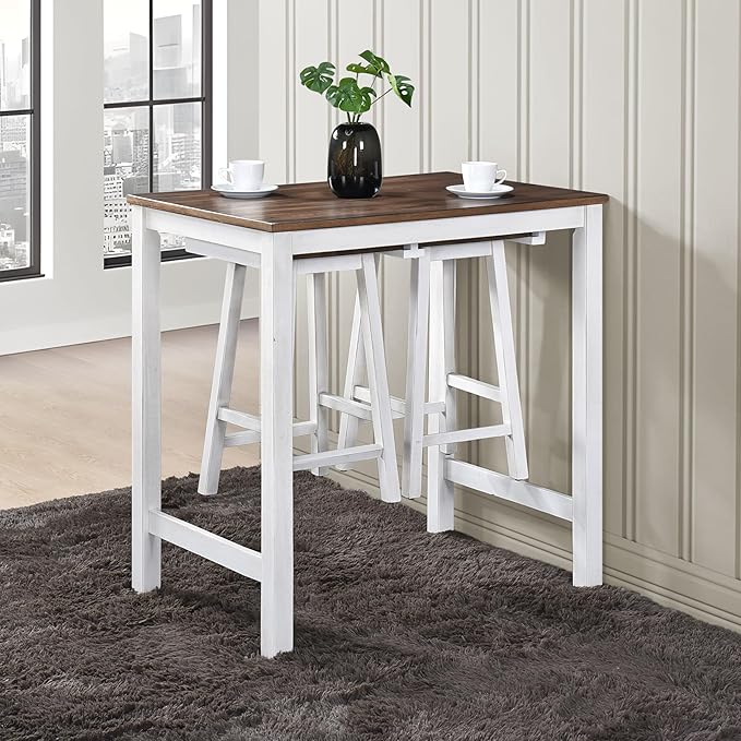 Small Kitchen Island with Seating, Modern Farmhouse 3 Piece Counter Height Dining Set, Solid Wood Counter Bar, Space Saving Breakfast Pub Set for 2, Ideal for Small Home