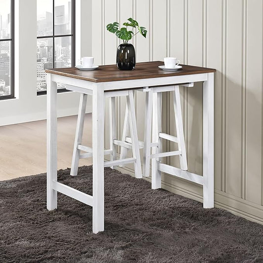 Small Kitchen Island with Seating, Modern Farmhouse 3 Piece Counter Height Dining Set, Solid Wood Counter Bar, Space Saving Breakfast Pub Set for 2, Ideal for Small Home