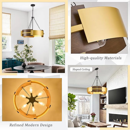 CATINER Modern Industrial Chandelier, Gold Metal 6-Light Drum Hanging Fixture 24" Pendant Lighting for Living Dining Room Foyer Entryway Kitchen, Walnut Grain Finish