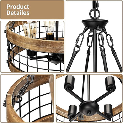 4-Light Rustic Chandelier for Entryway, Round Farmhouse Light Fixtures for Dining Room, Industrial Drum Hanging Pendant Lighting for Kitchen Island, Nature Wood Texture and Black Metal Finish