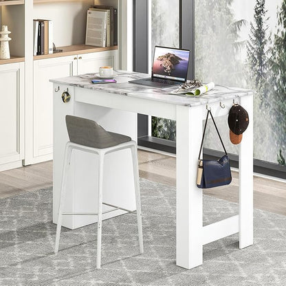 Giantex Counter Height Dining Table with 7 Hanging Hooks, Compartment, Cabinet & Adjustable Shelf, Faux Marble Tabletop, Bar Table for Pub Kitchen Small Space (White, 47"x23.5"x35.5")
