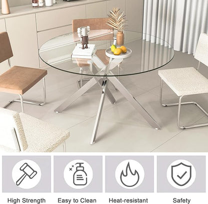 Round Dining Table, 47 Inch Glass Kitchen Table for 4-6 People, Tempered Glass Dinner Room Table with Silver X Metal Legs, Modern Circle Coffee Table for Home Dining Room Kitchen Restaurant
