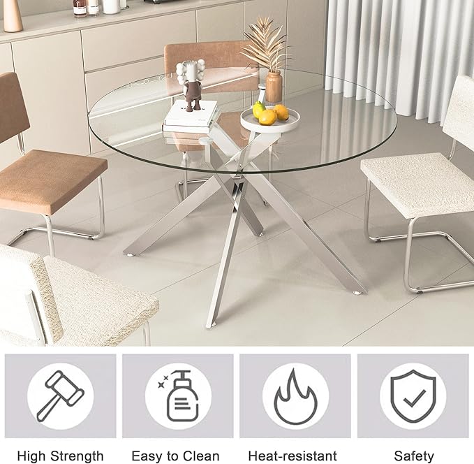 47.25" Round Dining Table for 6, Modern Clear Glass Kitchen Table for 6 with Silver X Metal Legs, Contemporary Small Circle Dining Room Leisure Tables for Kitchen Apartment