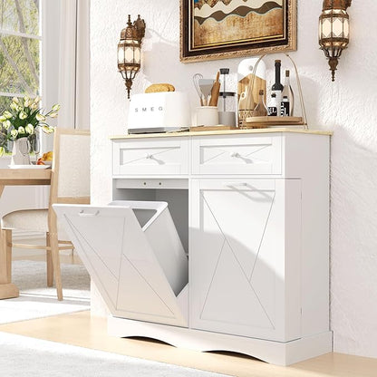 kepptory Tilt Out Trash Can Cabinet for 12 Gallon Trash Can, Modern Kitchen Island Cabinet with Adjustable Shelf and 2 Drawers for Hidden Laundry Basket, Dog Proof Garbage Can, White