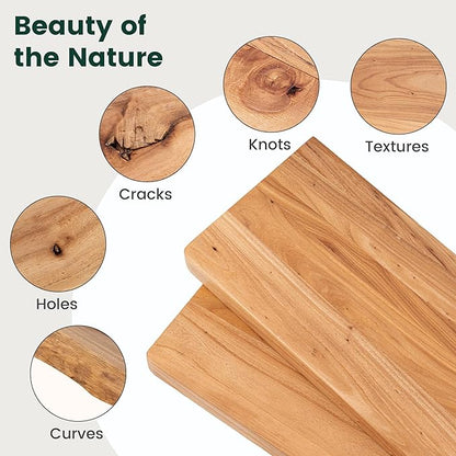24 Inch Flat Edge Floating Shelves, 8 Inch Deep Solid Elm Wood Wall Shelf, Heavy-Duty Wall Mounted Shelf with Invisible Brackets for Living Room, Bathroom, Kitchen, Set of 2, Natural Color