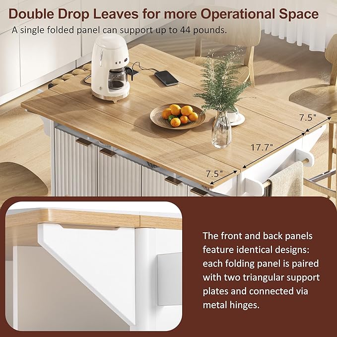 Modern Dining Table Kitchen Island with 2 Drop, Cart Power Outlet, 4 Doors Spice Rack, Rolling Table Faux Marble Top, Curved Edge Wood Console,White-MDF