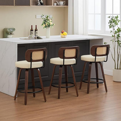 Set of 3 Counter Height Bar Stools 26 inch Rattan Counter Height Stools with Cane Back, Upholstered Seat, Walnut Craftsmanship, Swivel Counter Stools for Island,Kitchen,Counter,Bar (Walnut,Beige)