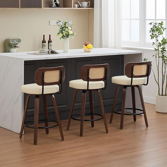 Set of 3 Counter Height Bar Stools 26 inch Rattan Counter Height Stools with Cane Back, Upholstered Seat, Walnut Craftsmanship, Swivel Counter Stools for Island,Kitchen,Counter,Bar (Walnut,Beige)
