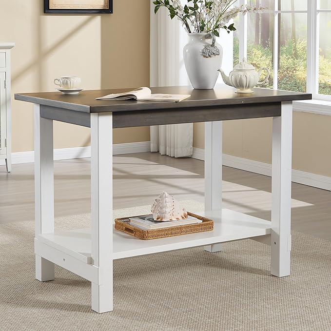 47.25" Dining Table for 2 4 6 Rectangular Rustic Solid Wood Dining Room Table with Storage for Kitchen, Living Room, Home Office, Brown and White