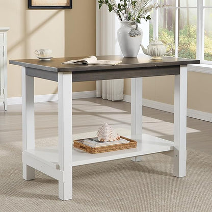 47.25" Dining Table for 2 4 6 Rectangular Rustic Solid Wood Dining Room Table with Storage for Kitchen, Living Room, Home Office, Brown and White
