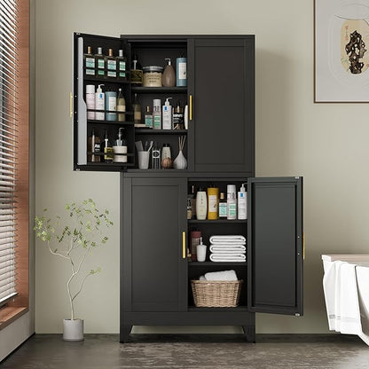 PAOFIN 75" H Metal Storage Cabinet, Pantry with 6 Door Shelves and 4 Adjustable Shelves, Leveling Foot for Kitchen, Living Room and Dinning Room, Black
