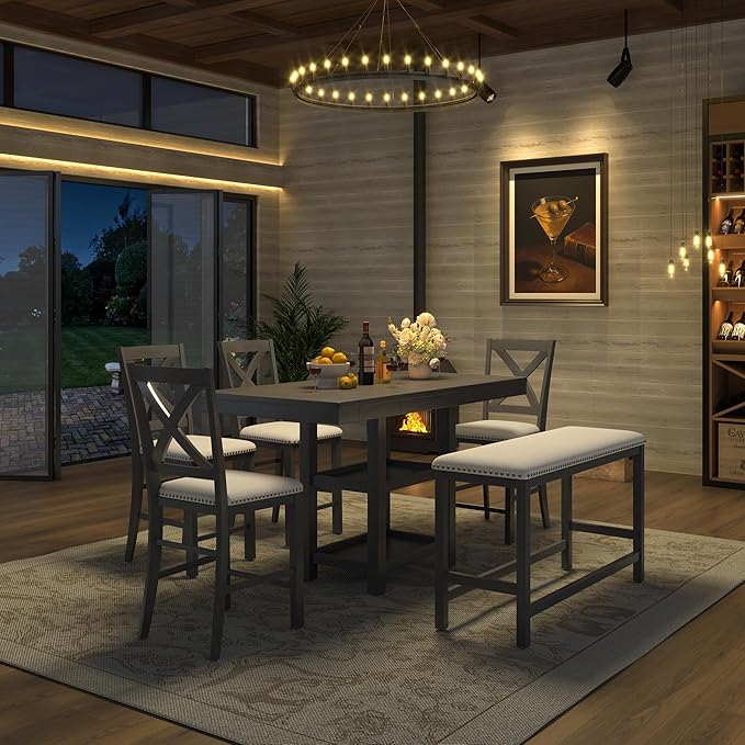 Solid Wood Counter Height Dining Table Set for 6, Expandable Bar Table with 4 Chairs and a Bench, Farmhouse Kitchen Table Set with 2-Tier Storage Shelves for Dinning Room Living Room (Gray-4.9)