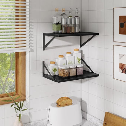 Acovy Floating Shelves for Wall,18" Wall Mounted Shelves Set of 2,Wood Floating Shelf with Bracket,Sturdy Metal Bracket Bookshelves Home Decor Storage for Living Room,Bedroom,Bathroom,Kitchen,Black