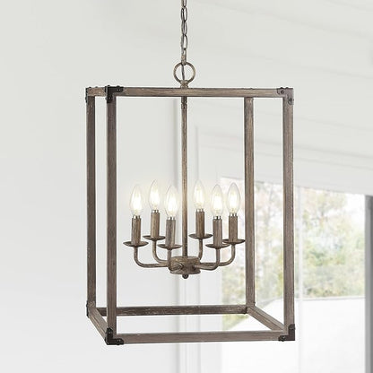 JONATHAN Y 16" Brown Rustic Farmhouse 6-Light LED Pendant, Adjustable Iron Lantern Chandelier for Kitchen Island, Barnwood Wood Grain Finish (JYL7476A)