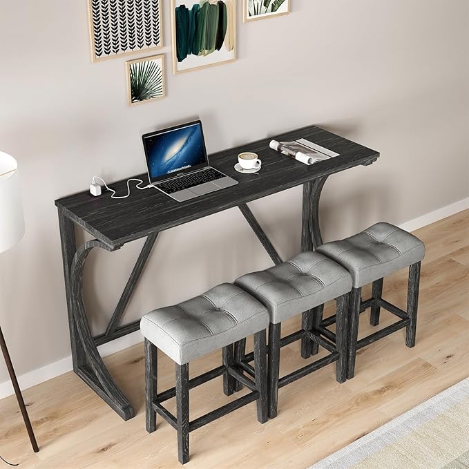 HMFULE 4 Piece Bar Table Set with Power Outlet, 59'' Dining Bar Table and Chairs Set, Industrial Breakfast Table with 3 Padded Stools for Living Room Dining Room Game Room Grey Black