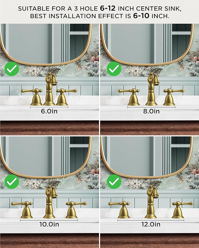 FORIOUS Brushed Gold Bathroom Sink Faucets 3 Hole, 2 Handle Widespread Gold Faucet for Bathroom Sink with Pop-Up Drain and Water Supplies for Commercial Vanity Lavatory Restroom Farmhouse