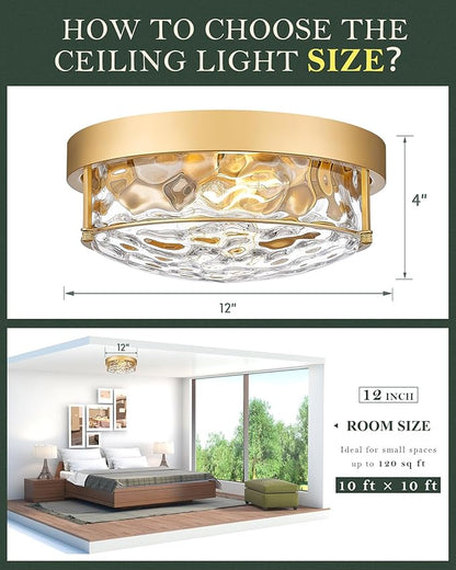 12" Flush Mount Ceiling Light, Farmhouse Style, Hammered Glass,Brass Gold, for Living Room, Bedroom, Dining – CKCL4822-2W-HGBB